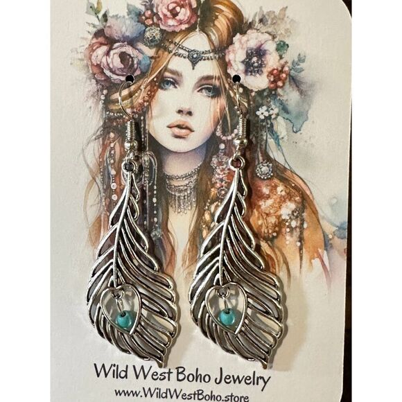 Boho Vintage Chic Southwestern Feather Dangle Wire Earrings, Silver Plated, Gif - Picture 3 of 10
